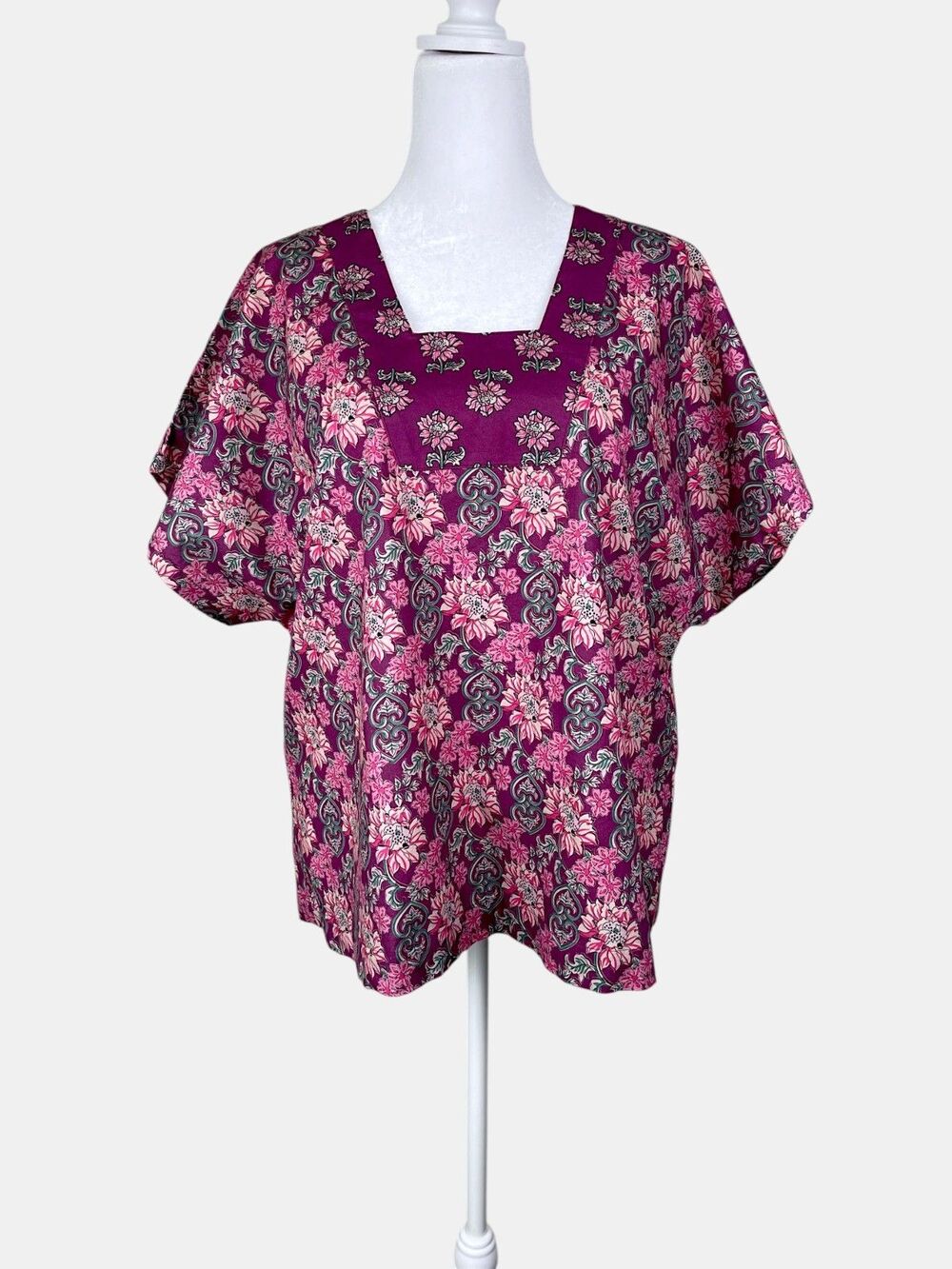 Vermont Country Store Cotton Tunic Floral Block Print Square Neck Cottagecore L